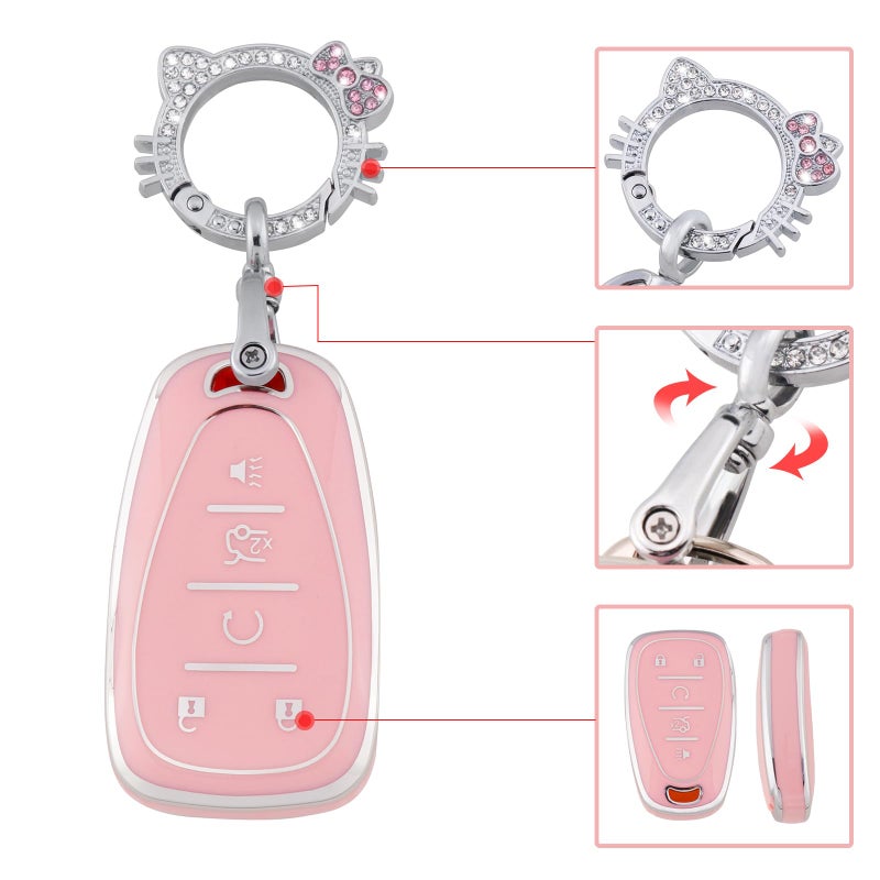 Pangpai Pink Key Fob Cover for Chevy, Soft TPU Key Case Protection with Bling Keychain Fit for Chevrolet Equinox Malibu Camaro Traverse - Image 4